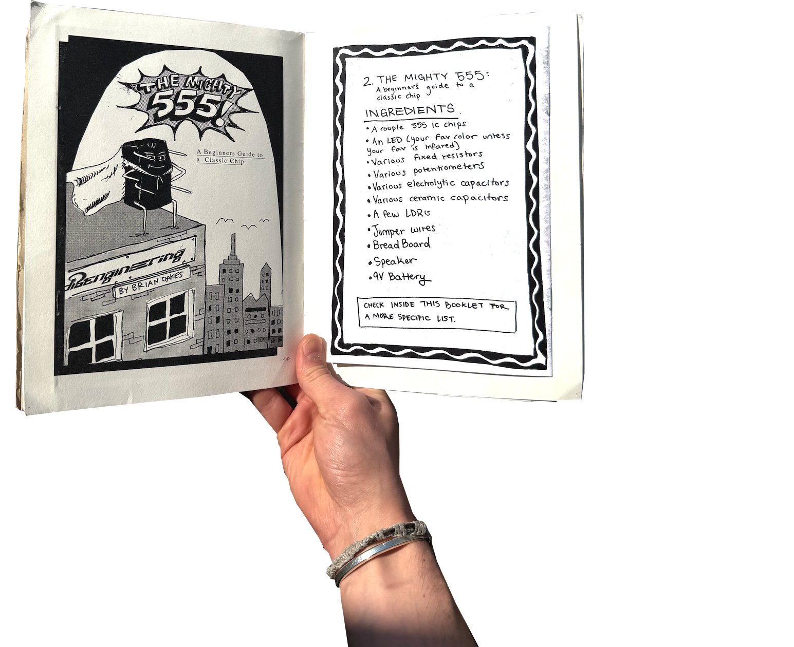 Open zine showing a large fold-out technical illustration